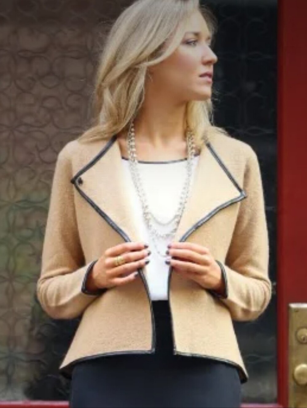 Camel 100% Wool Open Front Jacket with Black Trim